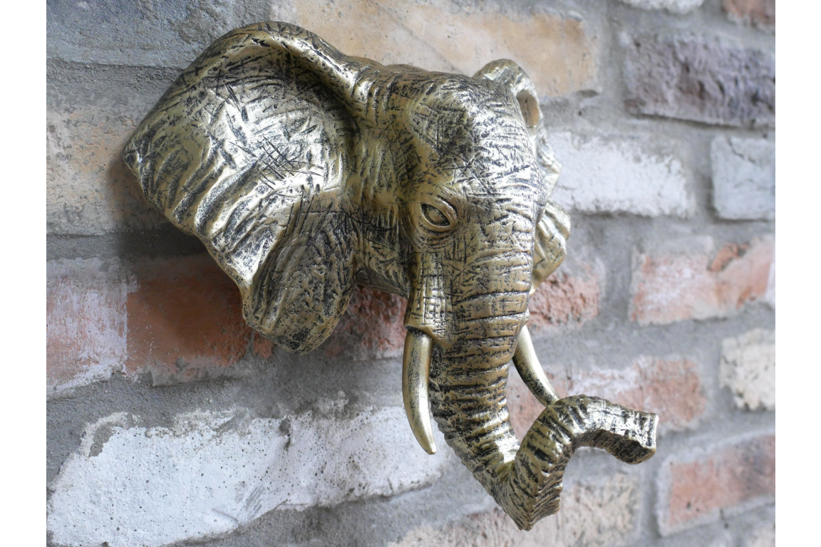 Antique Gold Elephant Wall Head Ornament Resin Wall Sculpture 27cm