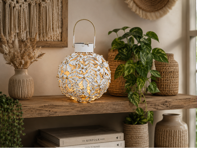 Small White & Gold Floral LED Lantern Metal Battery Light 28cm