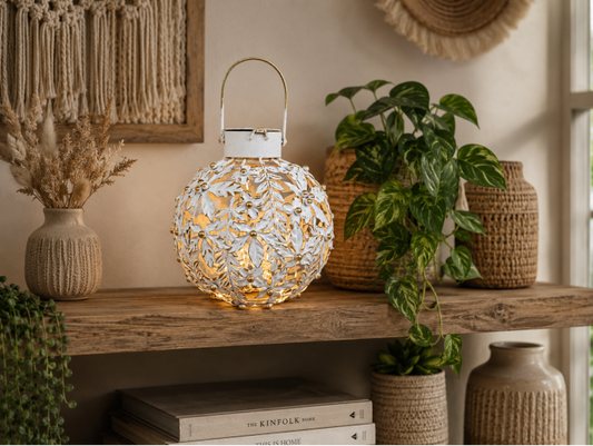 Small White & Gold Floral LED Lantern Metal Battery Light 28cm