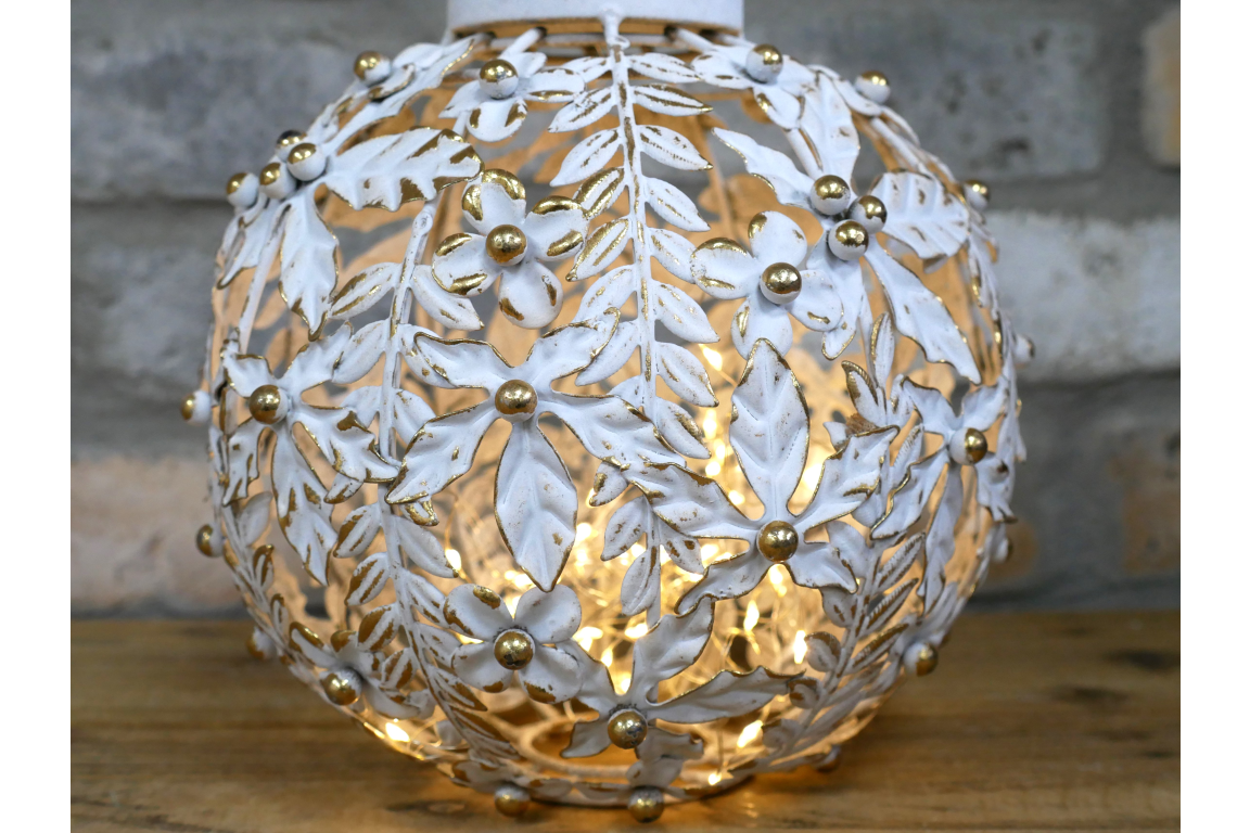 Small White & Gold Floral LED Lantern Metal Battery Light 28cm