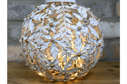 Small White & Gold Floral LED Lantern Metal Battery Light 28cm