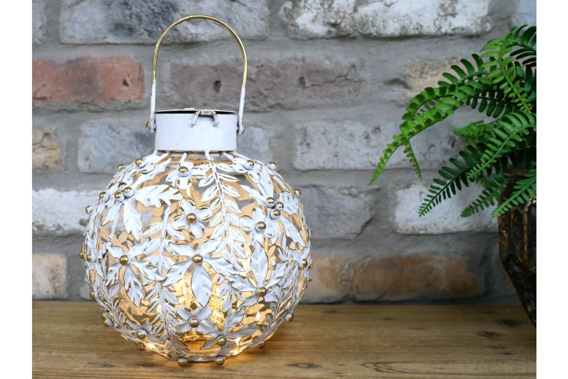 Small White & Gold Floral LED Lantern Metal Battery Light 28cm