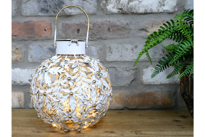 Small White & Gold Floral LED Lantern Metal Battery Light 28cm
