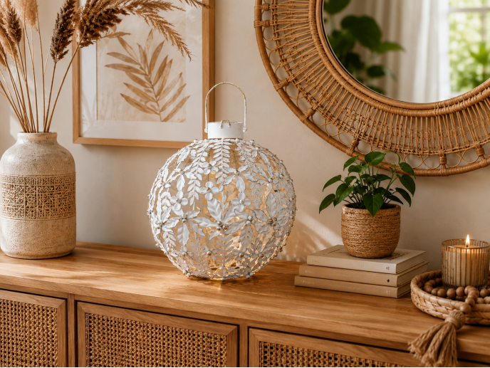 Large White & Gold Floral LED Lantern – 38cm