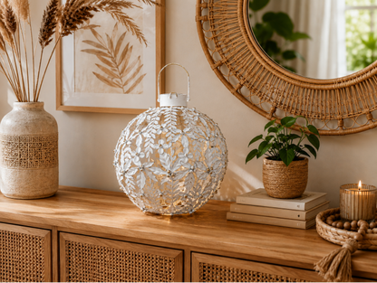 Large White & Gold Floral LED Lantern – 38cm