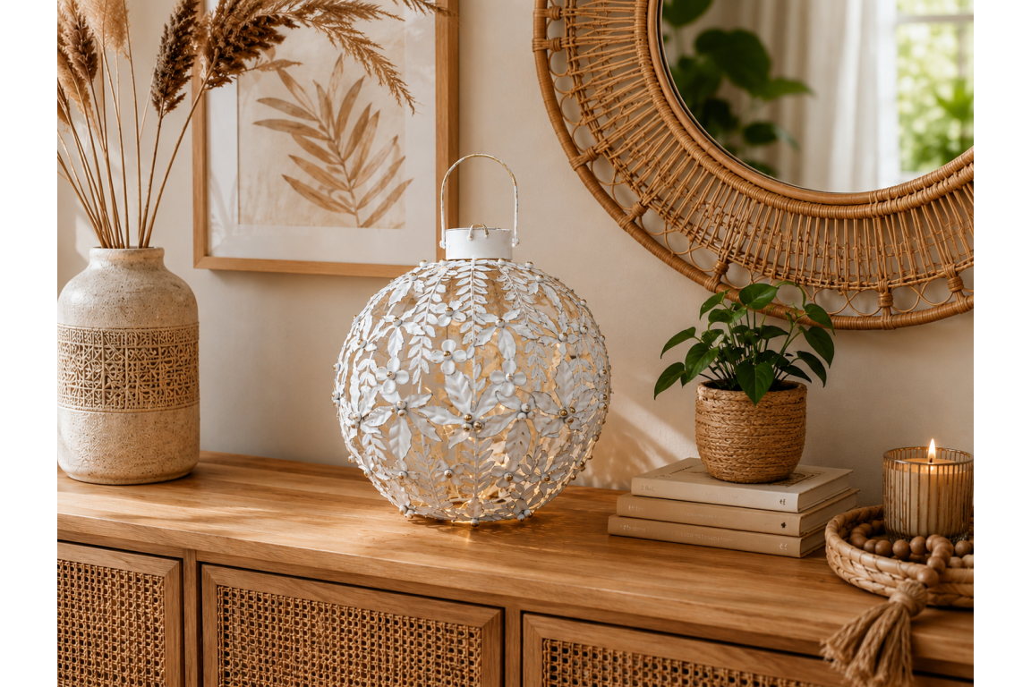 Large White & Gold Floral LED Lantern – 38cm