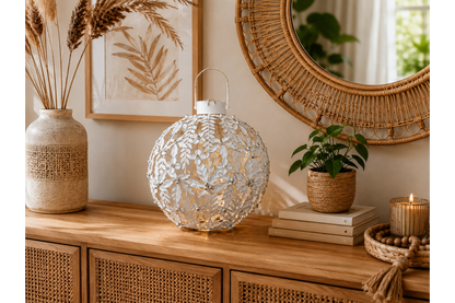 Large White & Gold Floral LED Lantern – 38cm