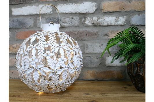Large White & Gold Floral LED Lantern – 38cm