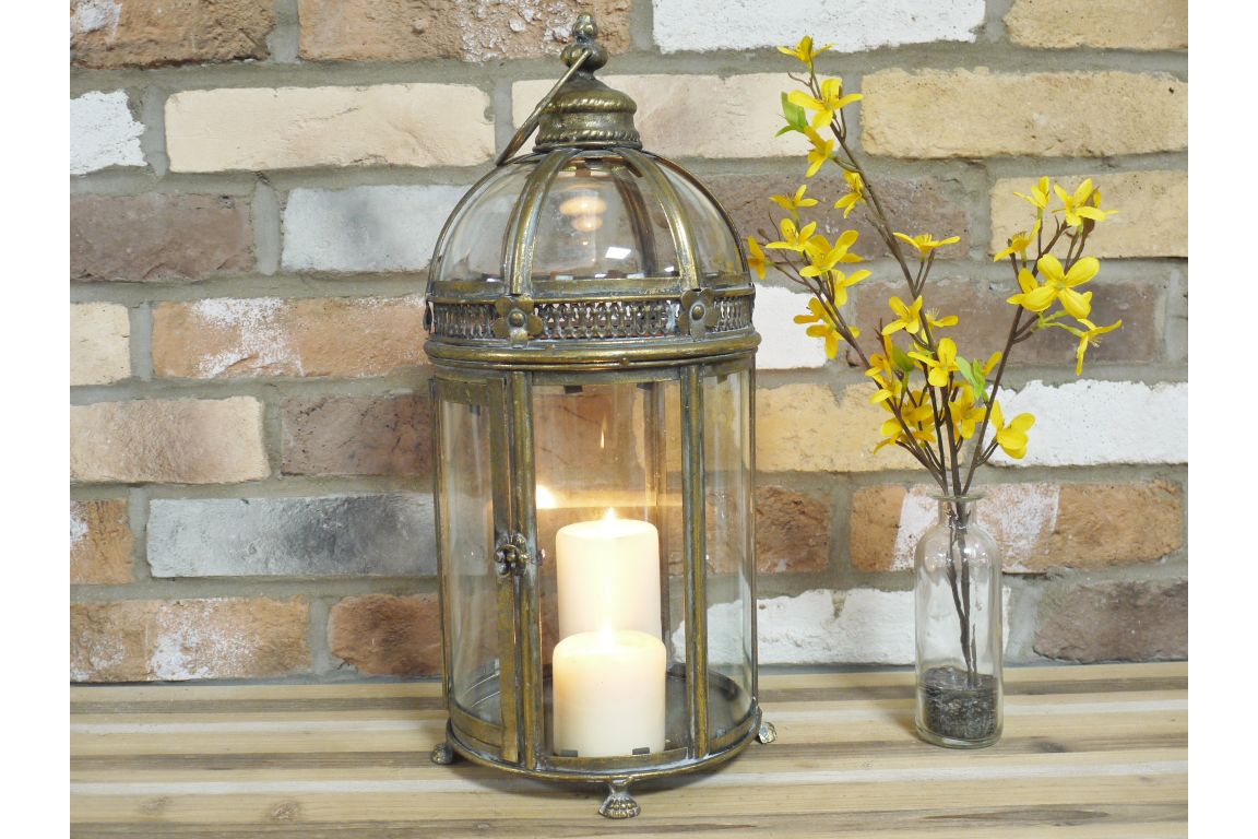 Antique Brass Effect Glass Lantern – 46cm
