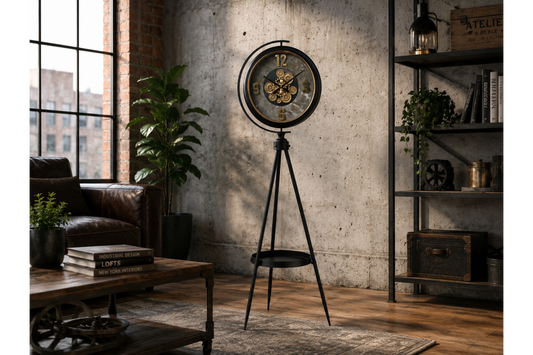 Black and gold industrial moving cog clock on a stand