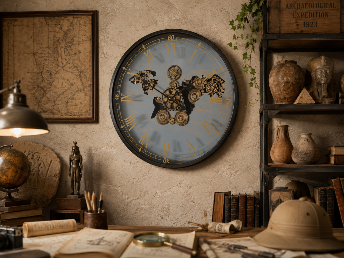 Moving Cog World Map Wall Clock – 67cm Industrial Statement Clock