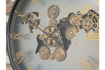 Moving Cog World Map Wall Clock – 67cm Industrial Statement Clock