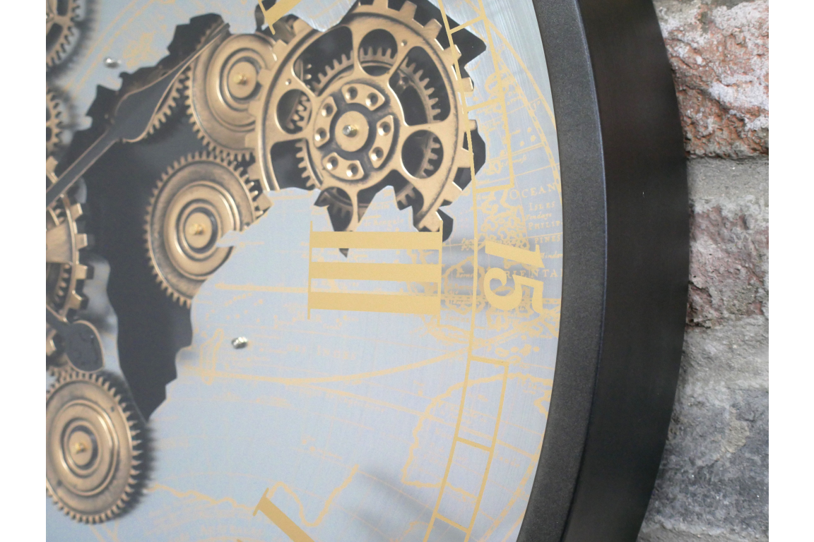 Moving Cog World Map Wall Clock – 67cm Industrial Statement Clock