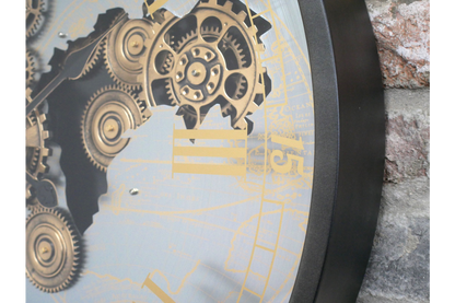 Moving Cog World Map Wall Clock – 67cm Industrial Statement Clock
