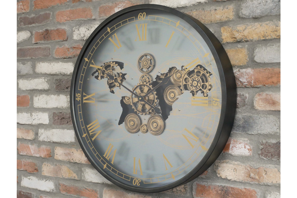 Moving Cog World Map Wall Clock – 67cm Industrial Statement Clock