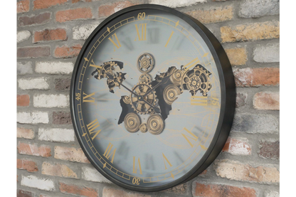 Moving Cog World Map Wall Clock – 67cm Industrial Statement Clock