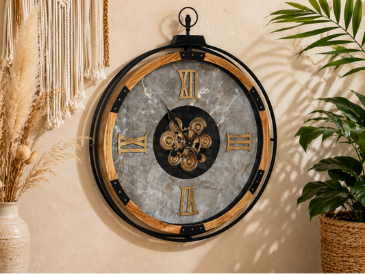 Large Moving Cog Wall Clock with Marble Effect Face – 87cm Statement Clock
