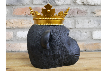 Crowned Gorilla Head Wall Decoration – Black & Gold Resin Wall Art – 26cm