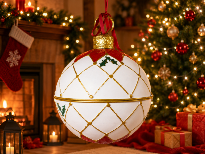 Small white red and gold hanging Xmas bauble metal