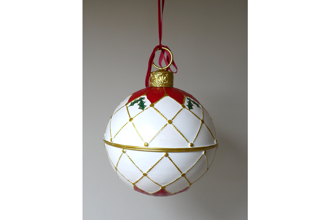Small white red and gold hanging Xmas bauble metal