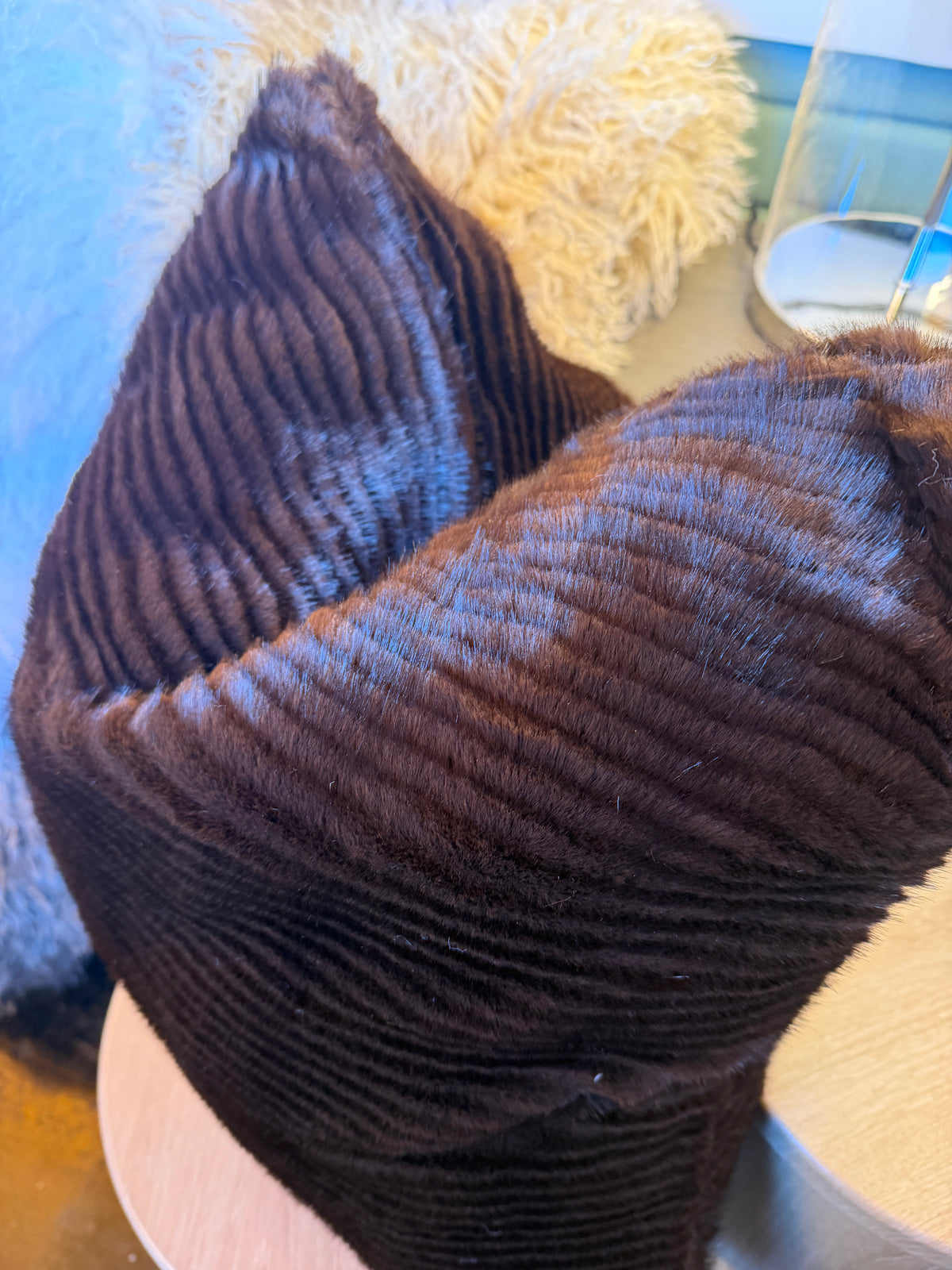 Chocolate faux fur cushions feather filled 50 x 50cm