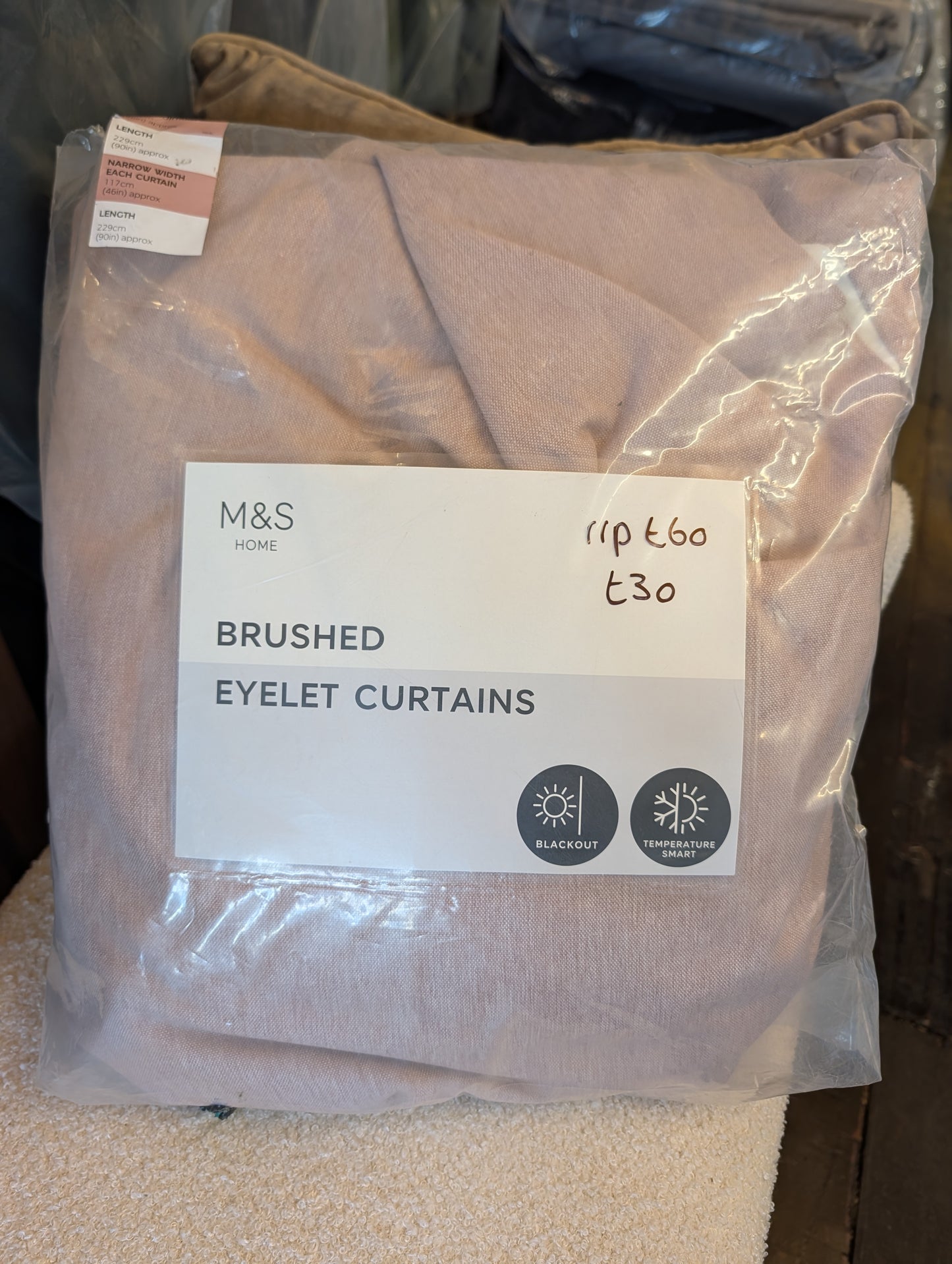 M & S Blush Pink Brushed Eyelet Ring Top Blackout Thermal 46x90inch 117x229cm