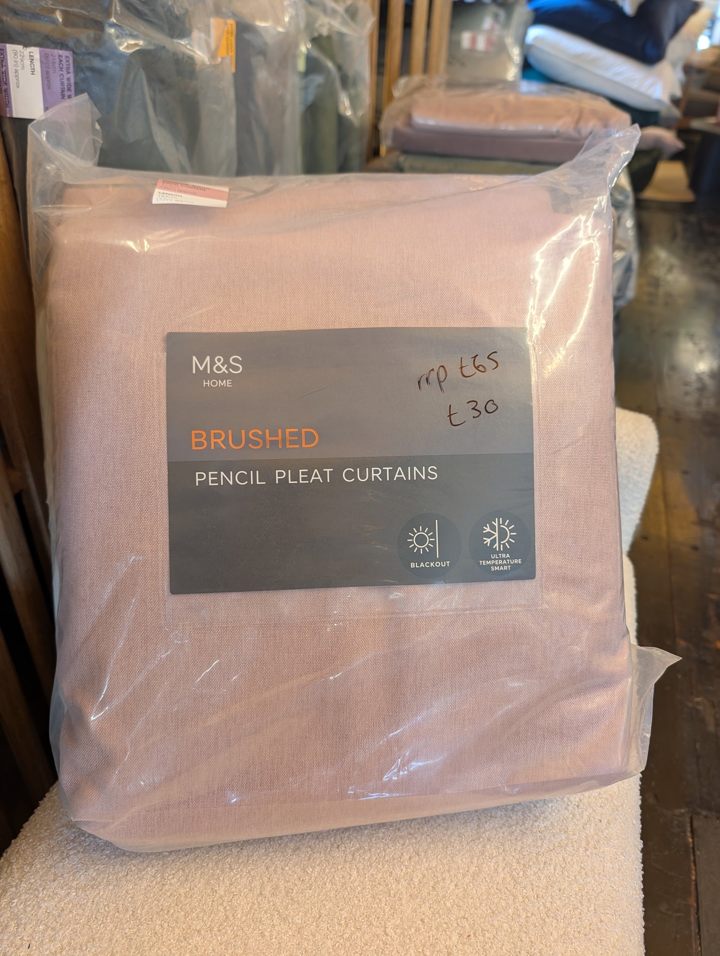 M & S Blush Pink Themal Blackout Brushed Pencil Pleat Curtains 46 x 72 inch