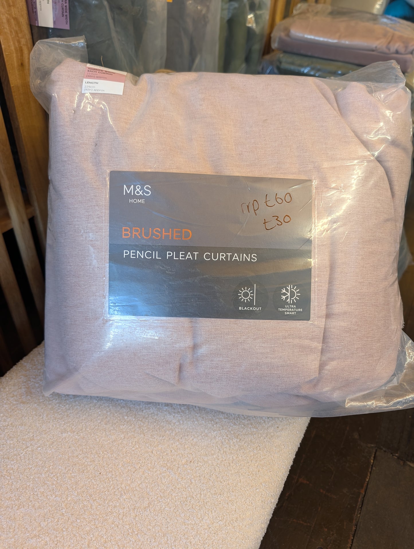 M & S Blush Pink Themal Blackout Brushed Pencil Pleat Curtains 46 x 90 inch