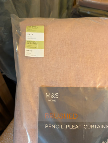 M&S Home Brushed Pencil Pleat Curtains in a light peach-beige color, packaged in a clear plastic bag with a product label and size sticker.