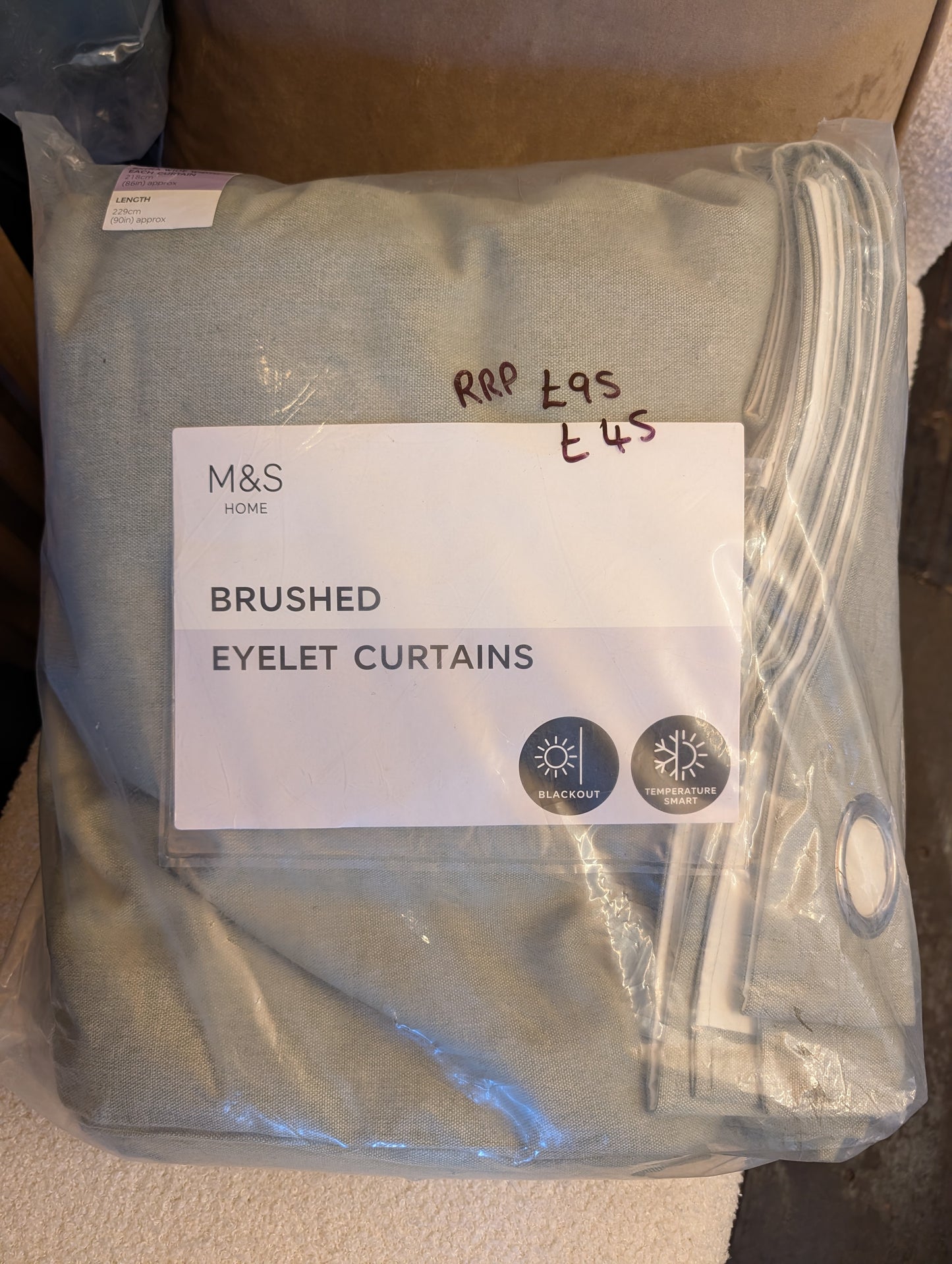 M & S Sage Green Thermal Blackout Brushed Eyelet Curtains 86 x 90 inch