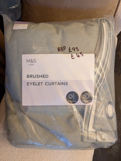 M & S Sage Green Thermal Blackout Brushed Eyelet Curtains 86 x 90 inch
