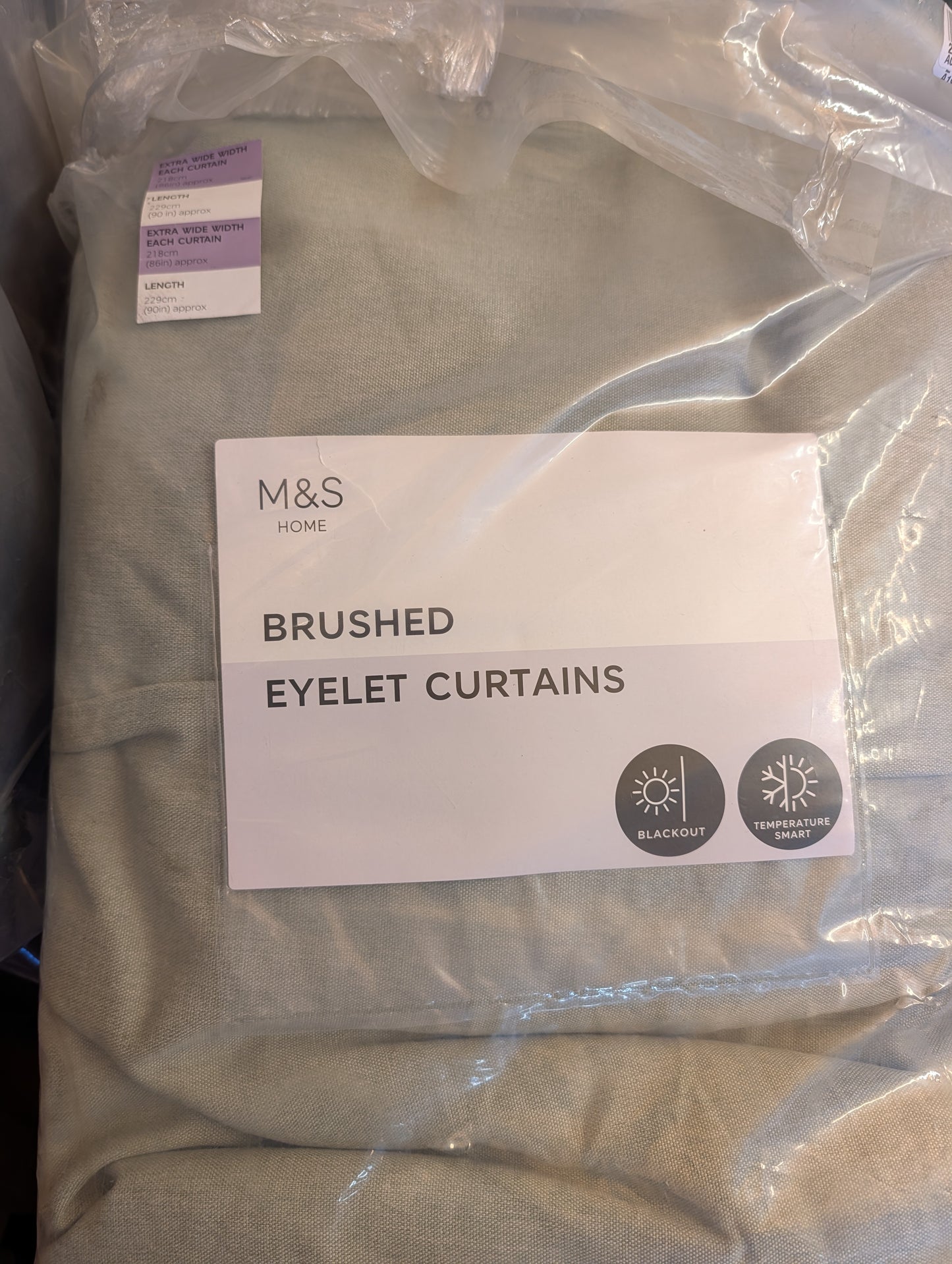 M & S Sage Green Thermal Blackout Brushed Eyelet Curtains 86 x 90 inch