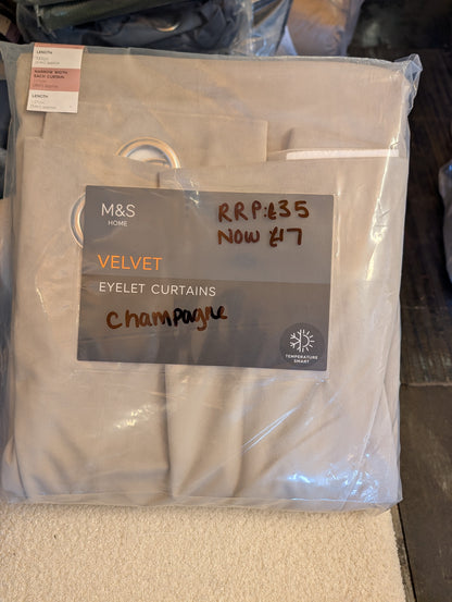 M & S Champagne Velvet Thermal Eyelet Curtains 46 x 54 inch