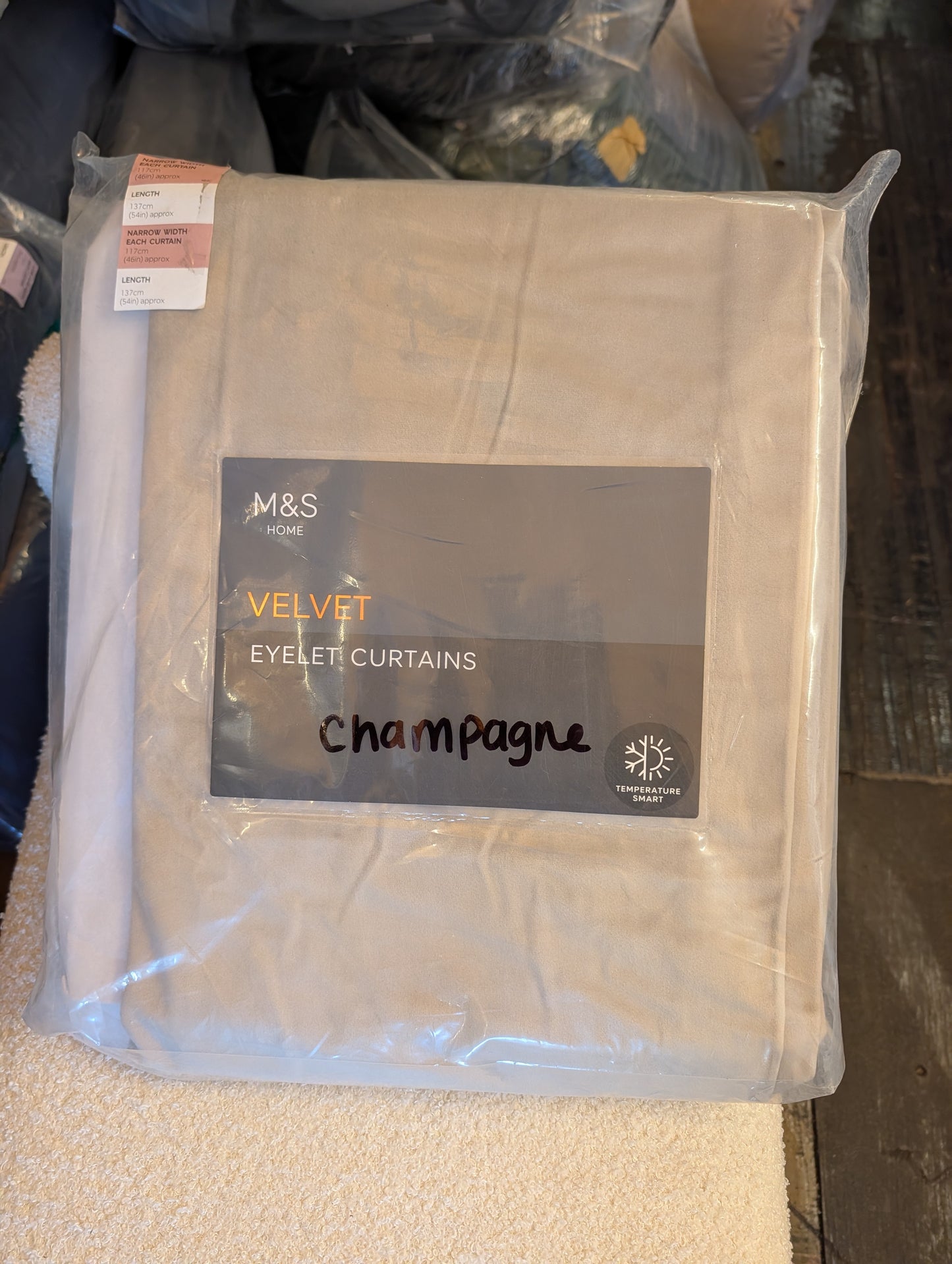 M & S Champagne Velvet Thermal Eyelet Curtains 46 x 54 inch