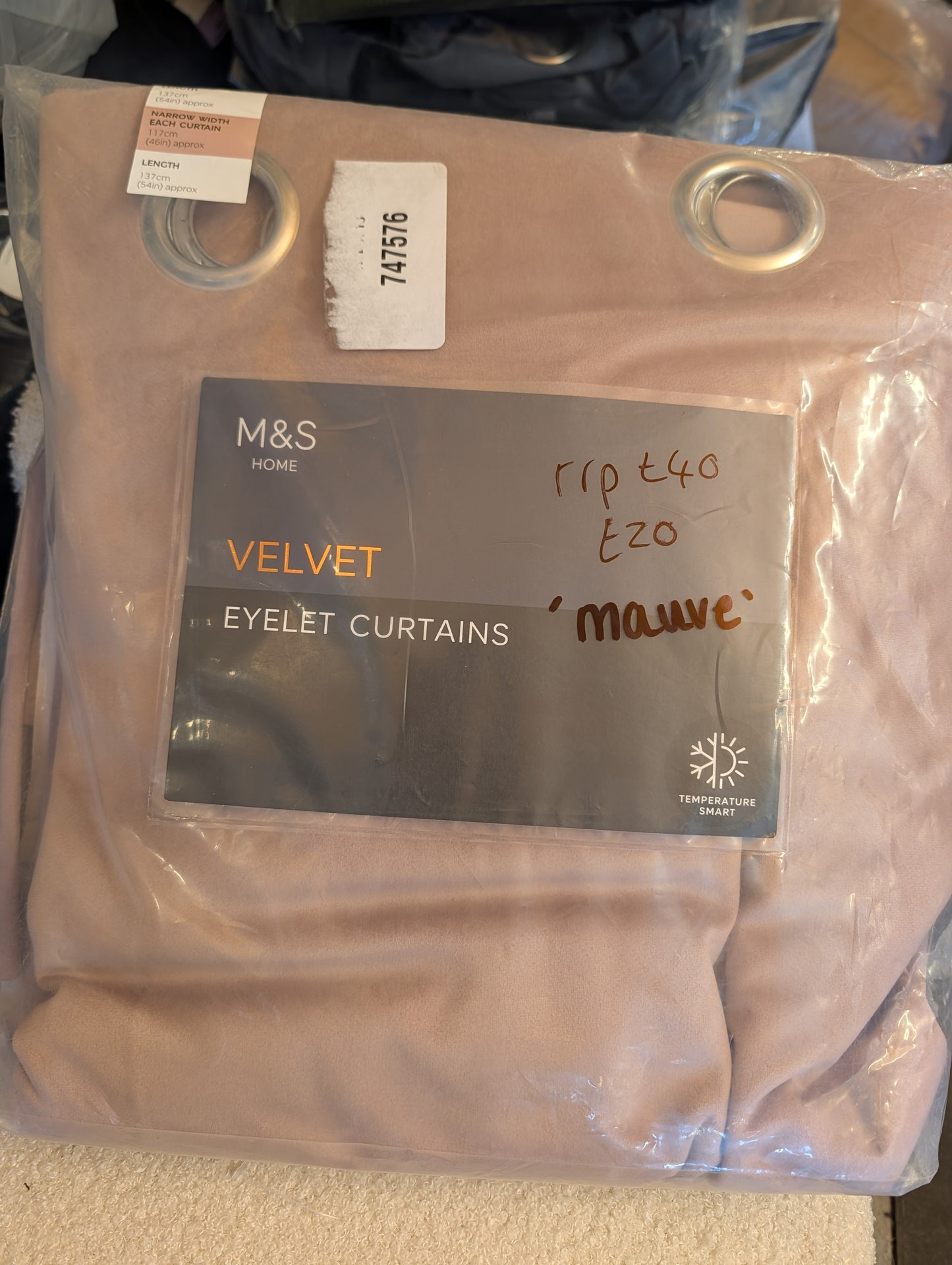 M & S Mauve Velvet Thermal Eyelet Curtains 46 x 54 inch