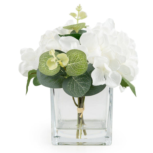17cm White Hydrangea in Square Vase