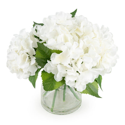 27cm White Hydrangeas in Glass Vase 6pk
