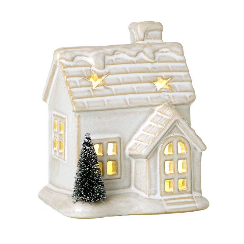 Christmas  -LIGHT UP CERAMIC WHITE HOUSE WITH TREE (wwT)
