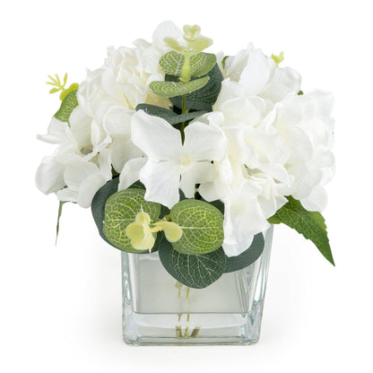 17cm White Hydrangea in Square Vase